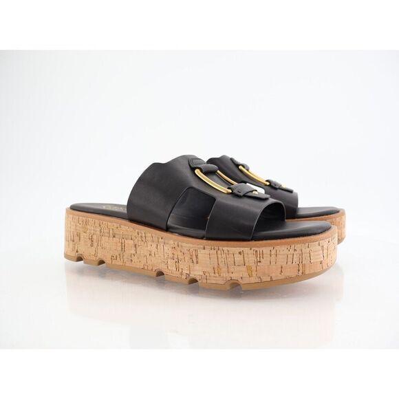 Franco Sarto Kesta Platform Sandals Slide Black Vegan Size 11 Chunky Cork Wedge - Picture 2 of 12